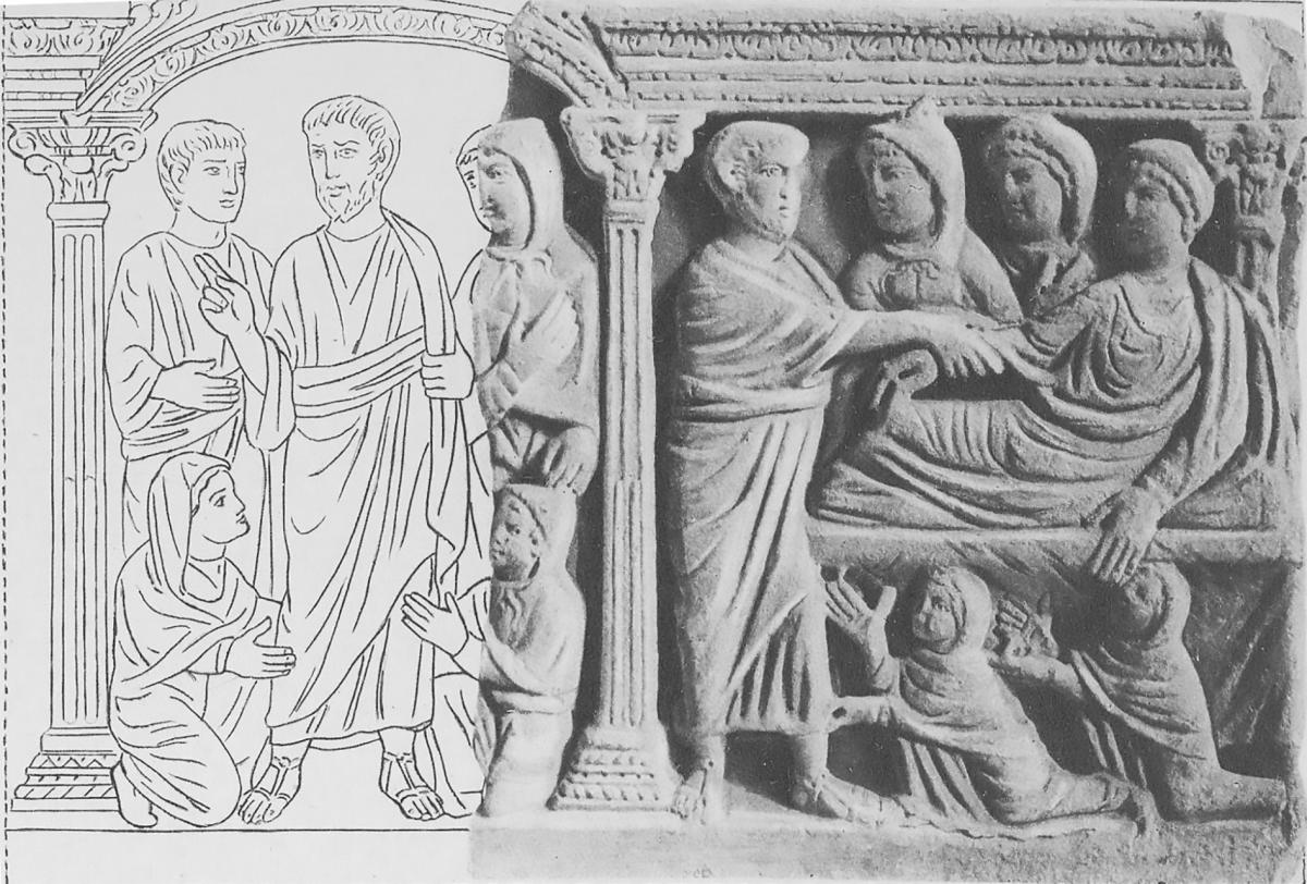 Raising of Tabitha, sarcophaus fragment, missing fragment sketched in