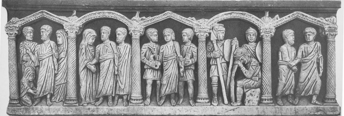 Sarcophagus, Assunta carvings of people in between pillars