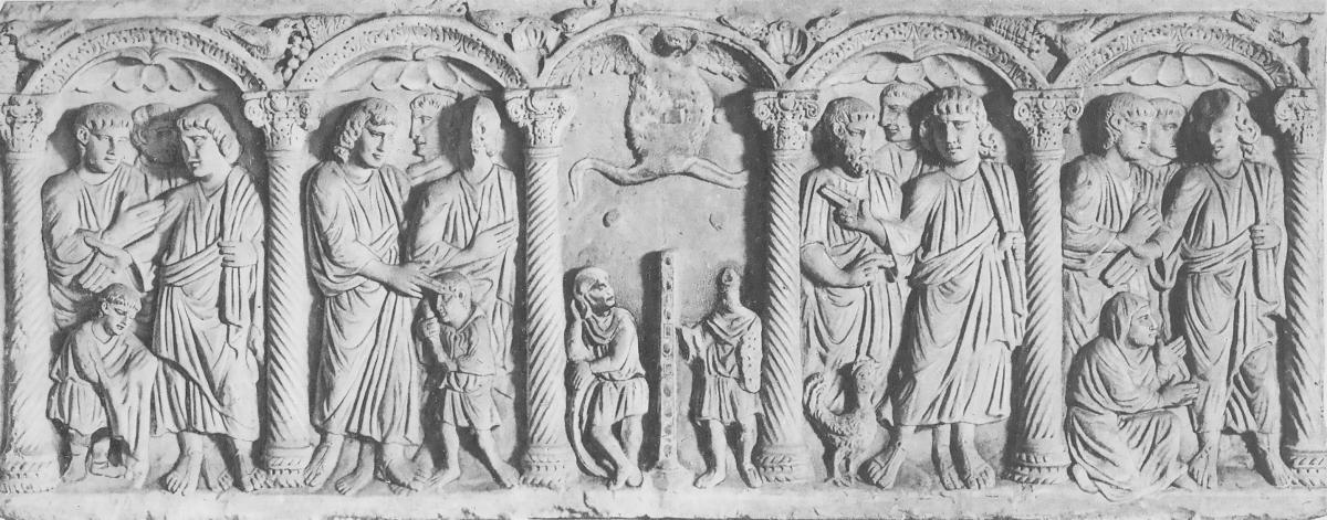Sarcophagus front, carving of people between pillars, figure 3