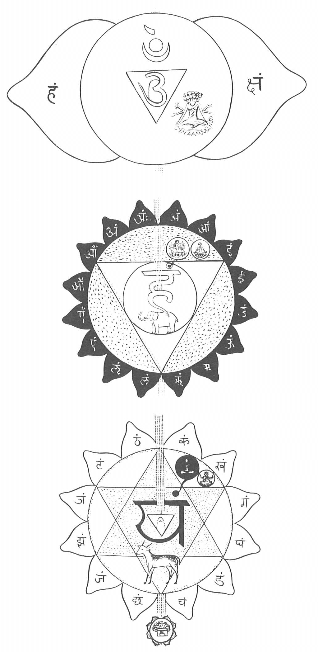 Figures 332, 333, 334. Chakra 4: Anahata (bottom);	Chakra 5: Vishudda (center); Chakra 6: Ajna (top).