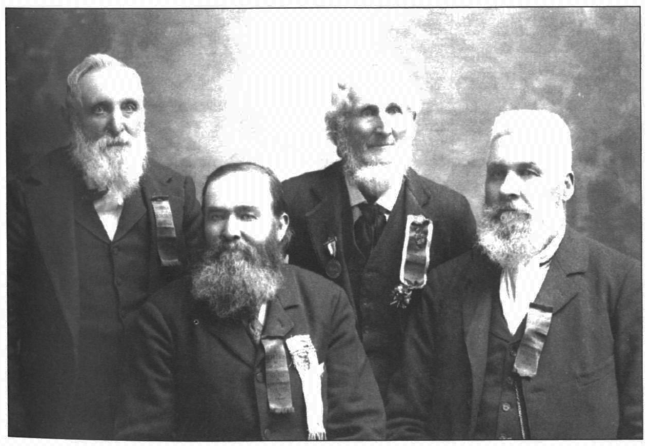 Gold discoverers (from left to right): Henry W. Bigler, William J. Johnston, Azariah Smith, and James S. Brown at 1898 jubilee