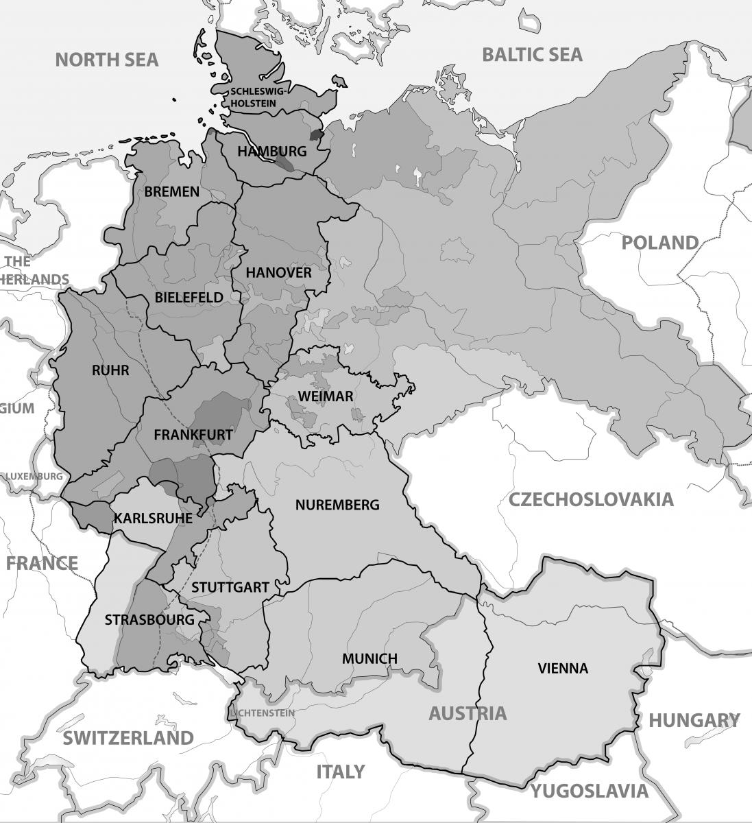 Fig. 1. The West German Mission (with districts identified) and the East German Mission of the LDS Church during World War II.