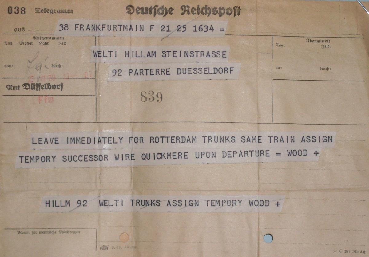 Fig. 4. Elders Hillam and Welti were in Düsseldorf when they received this telegram instructing them to leave for the Netherlands immediately. “Assign tempory [sic] successor” meant that they were to appoint a temporary leader of the Düsseldorf Branch before departing. (C. Hillam)