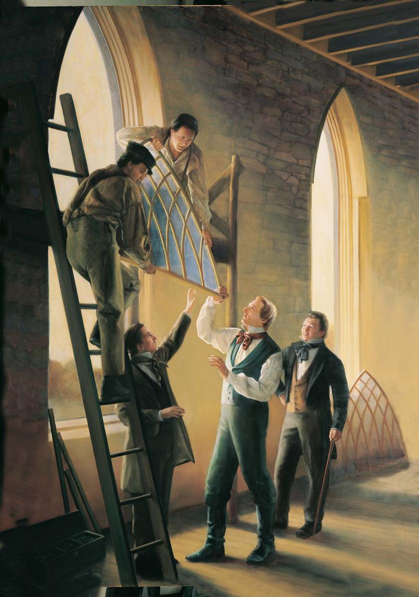 Joseph Smith helping install a window in the Kirtland Temple.