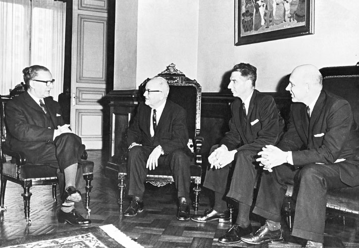 Left to right: Luis Giannattasio, president of Uruguay, meets with Elder Spencer W. Kimball, Thomas Fyans, and Elder Tuttle, May 24, 1964.