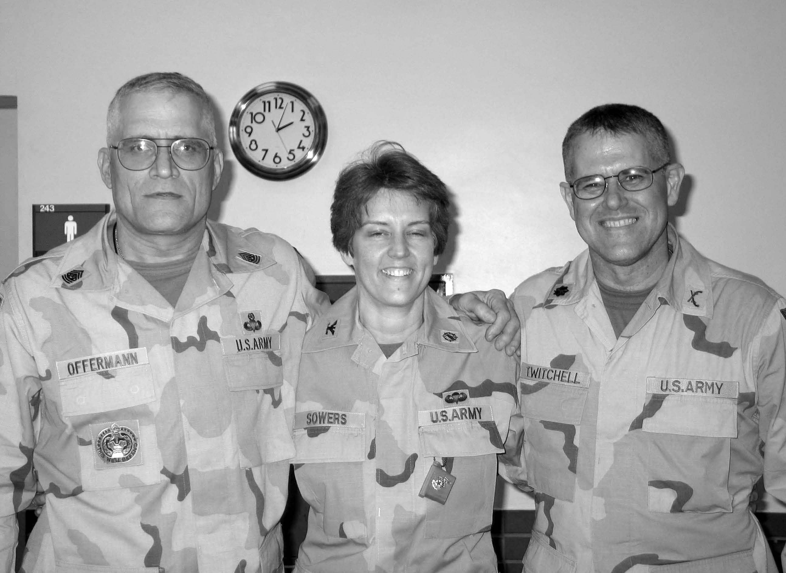 Lieutenant Colonel Randall E. Twitchell (right), Command Sergeant Major Mark Offermann (left), and brigade commander Colonel Susan Sowers (center) are shown on the day the battalion colors were cased in Mannheim, Germany. Courtesy of Randall E. Twitchell.
