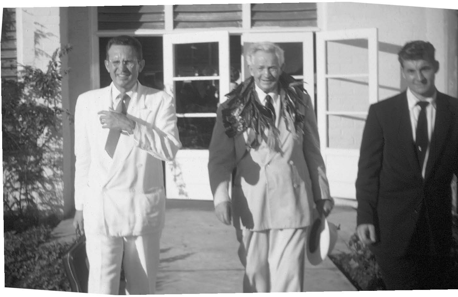 President D’Monte Coombs, President David O. McKay and Elder John Groberg at Liahona College. Ross Bulkley collection courtesy of Lorraine Morton Ashton.