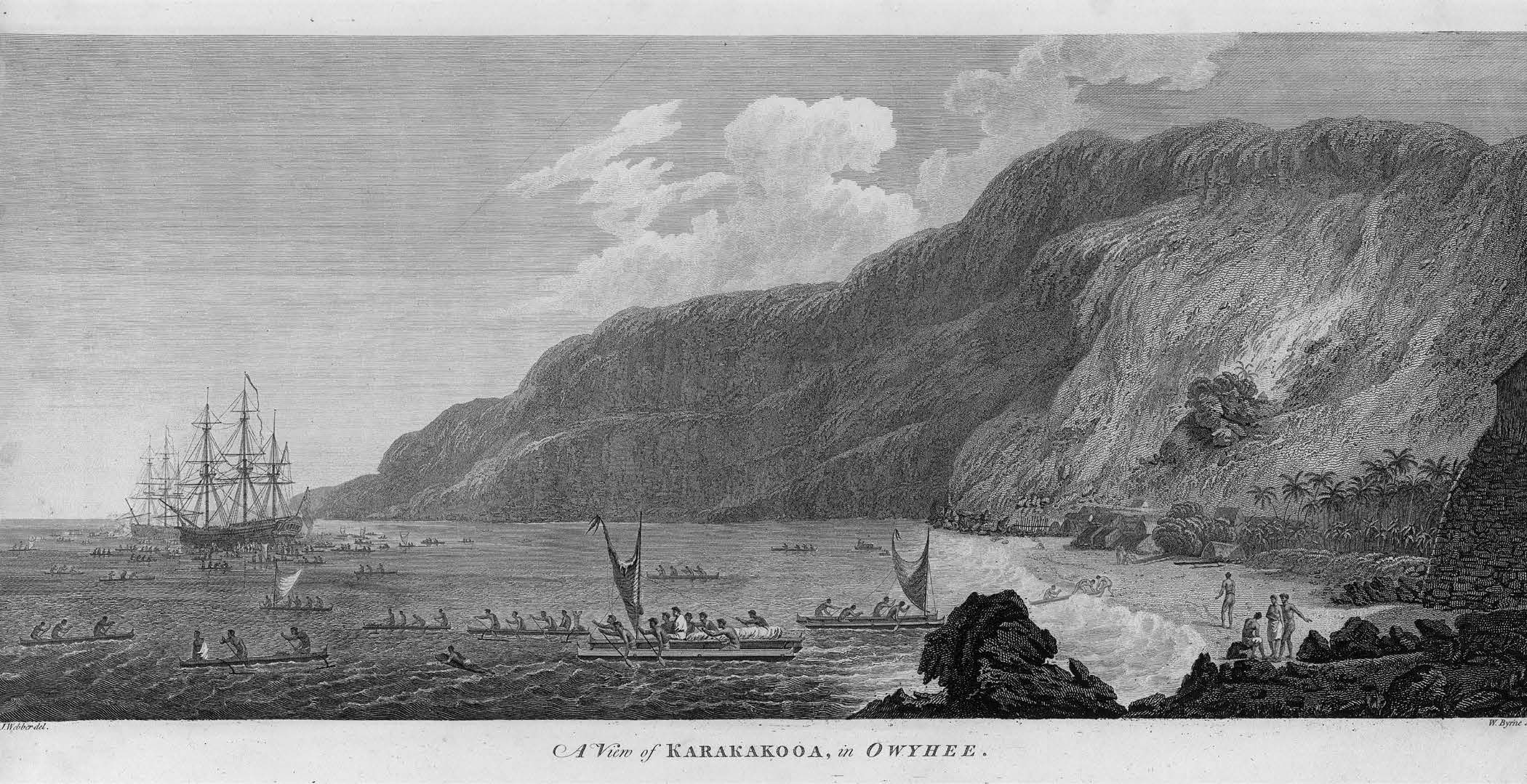 Captain James Cook’s encounter with Hawai‘i put the islands on the map and would bring vast change to the Hawaiian people. Drawing by John Webber, the Cook expedition’s artist. Courtesy of Wikimedia Commons.