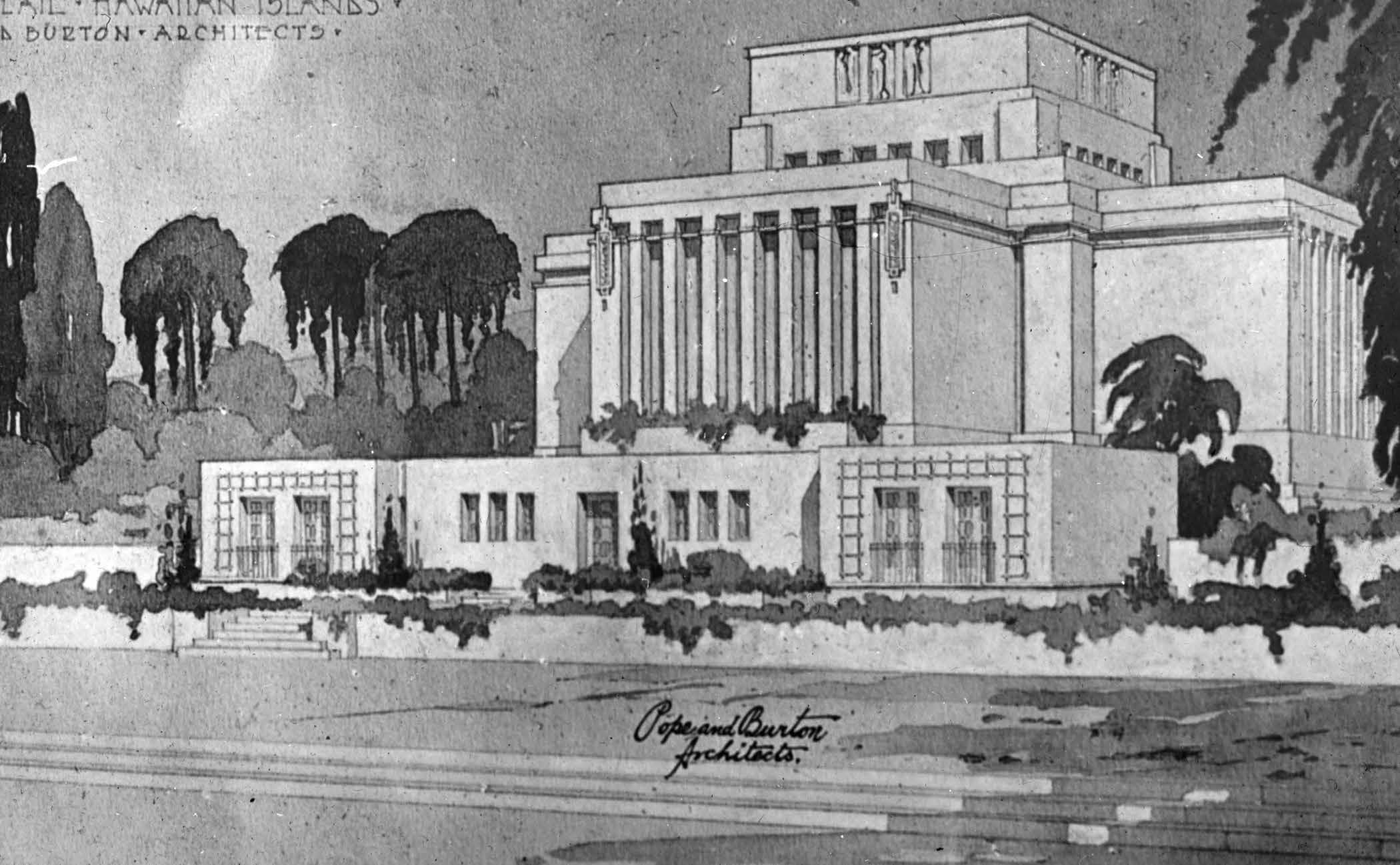 The Laie Hawaii Temple combined ancient and modern design, drawing from such structures as the ancient temple in Jerusalem, pre-Columbian ruins in America, and contemporary buildings such as Frank Lloyd Wright’s Unity Temple in Chicago, Illinois. Above: Sketch of Laie Hawaii Temple courtesy of Church History Library.