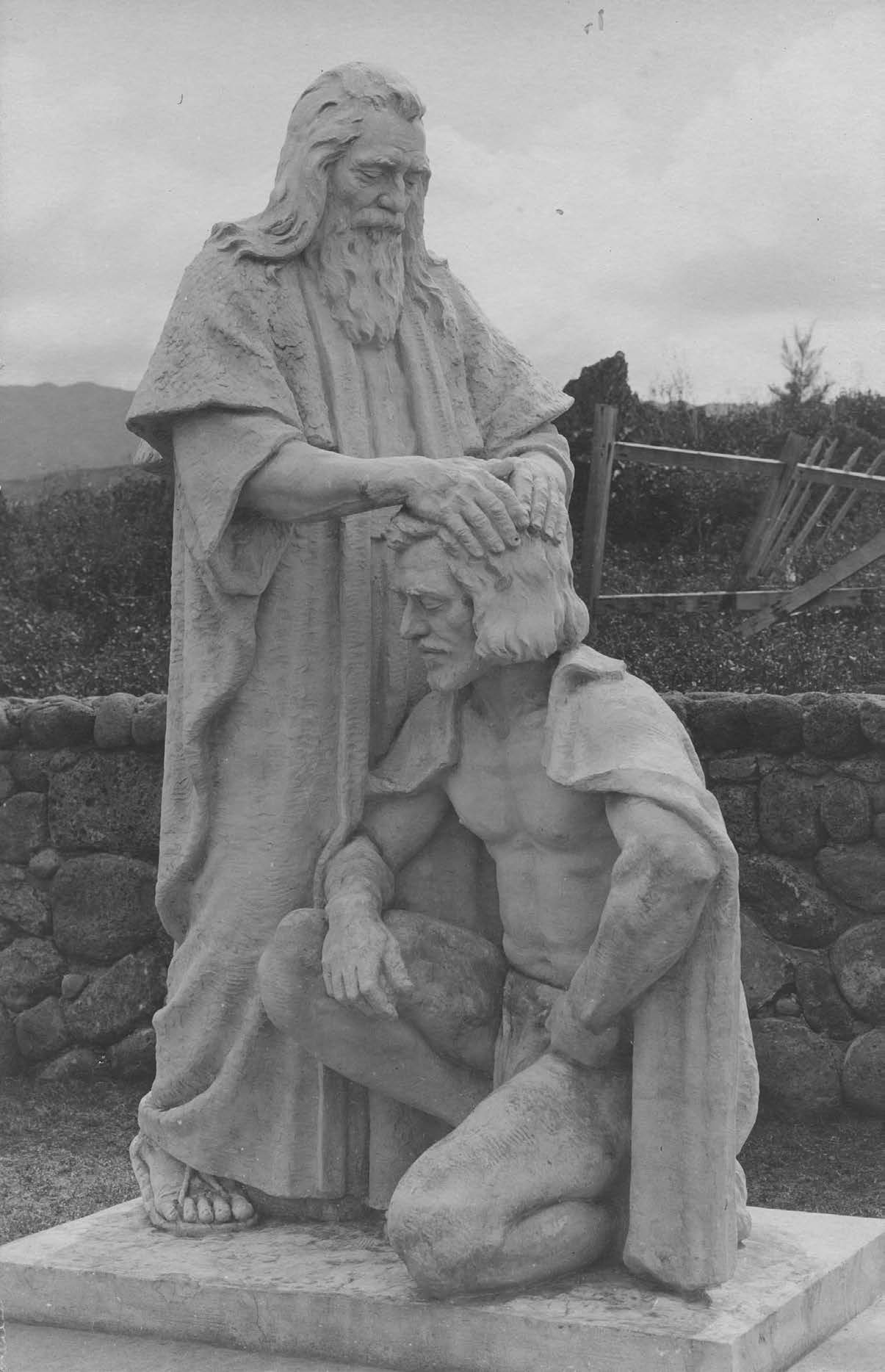With reference to 2 Nephi 3:3–5, this statue of Lehi blessing Joseph symbolizes the early latter-day gathering of Israel in Hawaiʻi and across Polynesia. Courtesy of Church History Library.