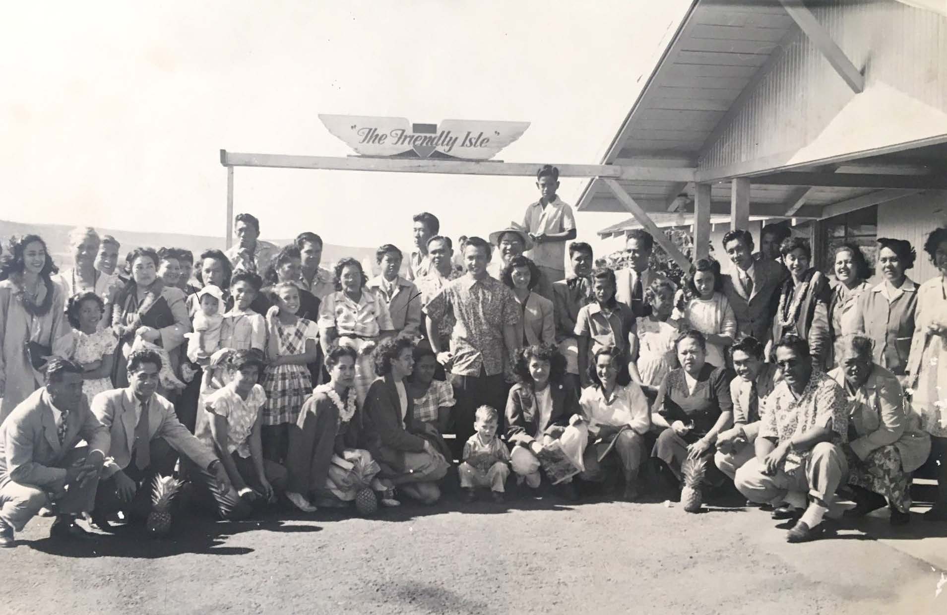 Moloka‘i Saints at the airport in the 1940s. Despite many obstacles during World War II, these Saints continued their tradition of an annual temple trip, inspiring others to do the same. Courtesy of Church History Library.
