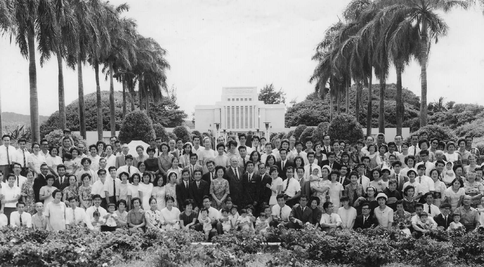 Starting in 1965, Japanese excursions to the Hawaii Temple continued almost yearly through 1979, concluding with the dedication of the Tokyo Temple in 1980. Pictured here is the 1967 Japanese excursion group. Courtesy of Masahisa Watabe and BYU–Hawaii Archives.