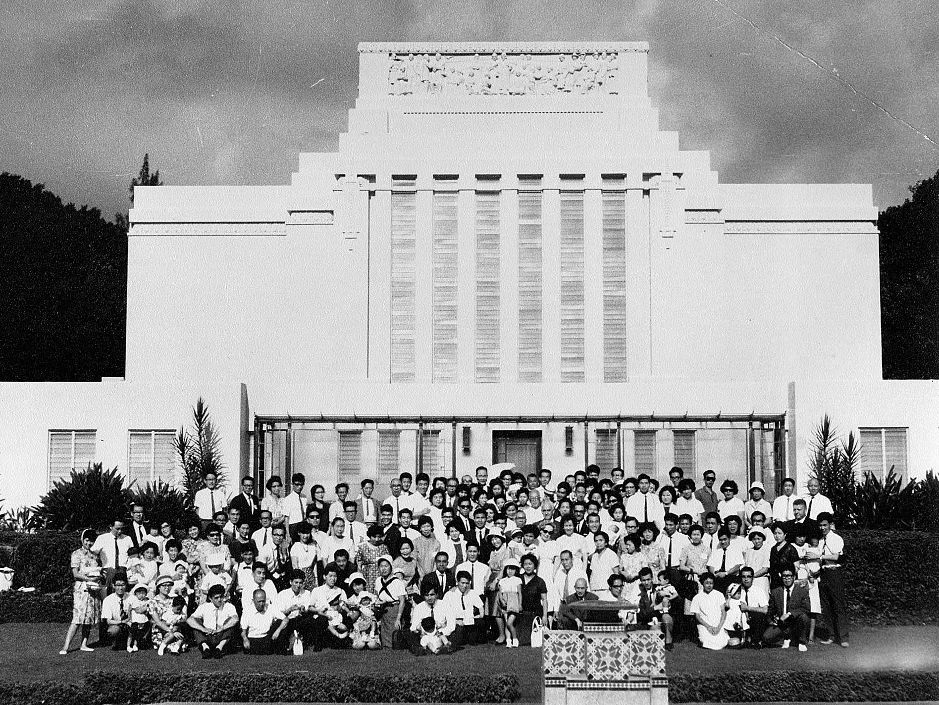 The 1965 temple group from Japan in front of the Hawaii Temple. “It was an unbelievable ten days!” concluded President Andersen. Courtesy of BYU–Hawaii Archives.