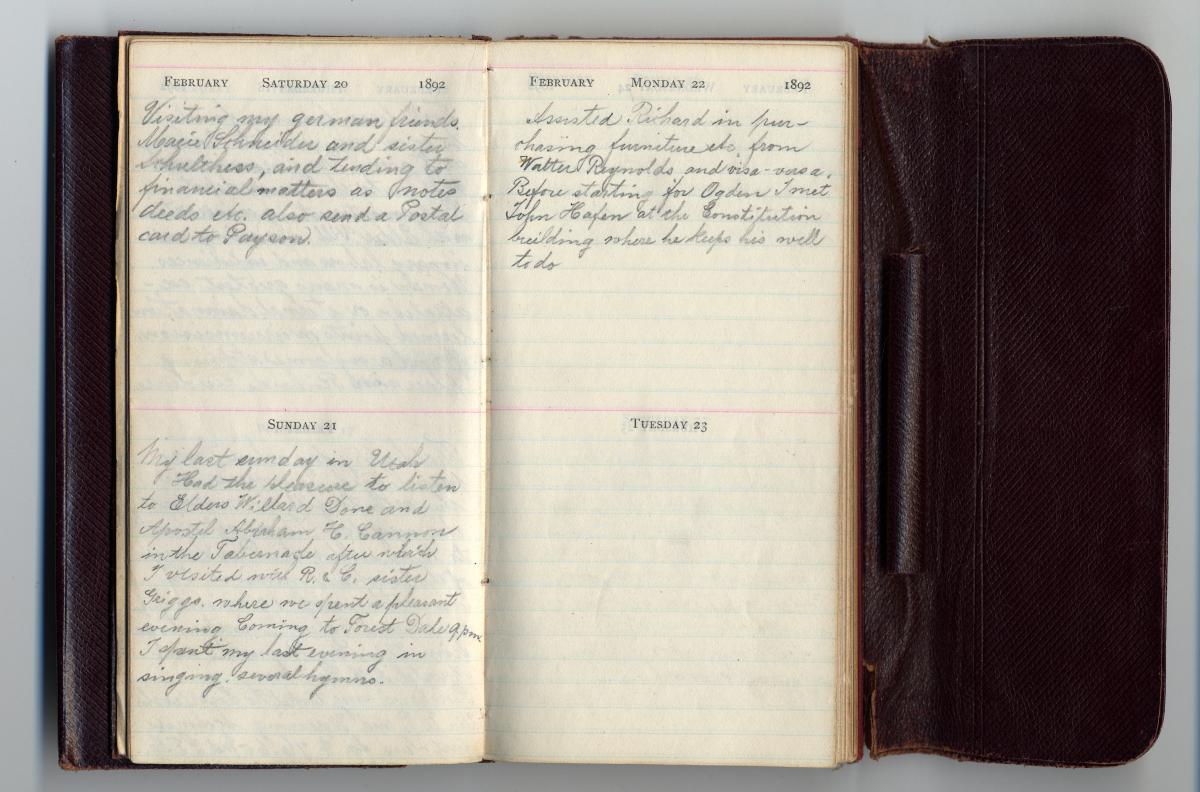 The diary pages, 7.2 x 14.6 centimeters, are ruled with horizontal lines and have the dates pre-printed, with two days on a page. Adolf Haag’s first mission journal, showing February 20–22, 1892.