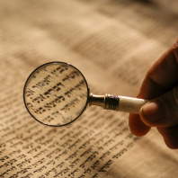 A magniying glass being used to examine an ancient document