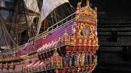 The aft of a brilliantly decorated sailing ship