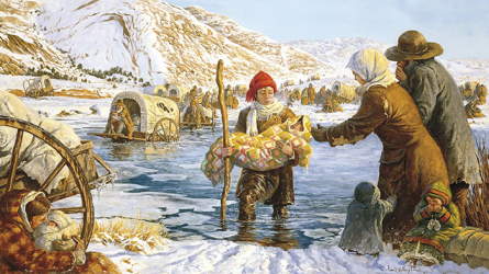 A young man carrying a child across a freezing river
