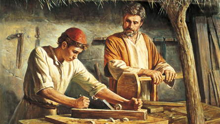Jesus learning the carpenter trade with Joseph