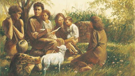 Depiction of Adam and Eve teaching their children