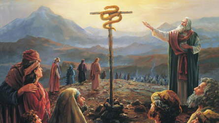 Moses pointing to the brass serpent on a pole