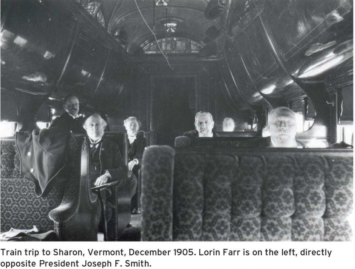 "Lorin Farr President Joseph F. Smith and others on train trip to Sharon Vermont, December 1905"