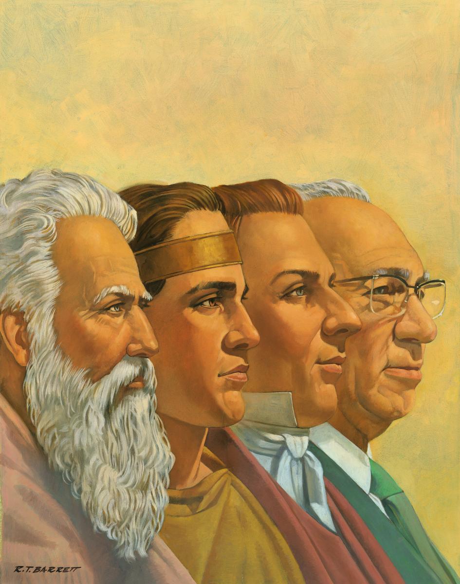 Portraits of Moses, Mormon, Joseph Smith Jr., and Gordon B. Hinckley