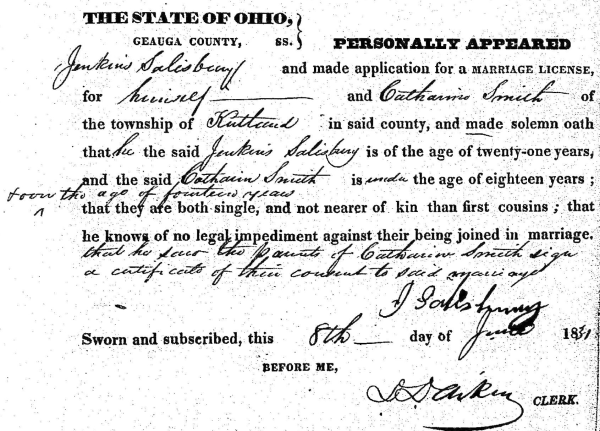 Jenkins Salisbury and Katharine Smith Marriage License