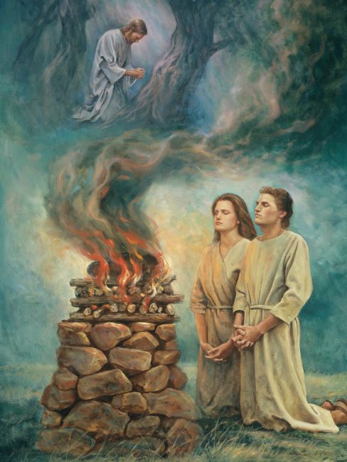 Painting of people kneeling in front of a burning alter where Christ can be seen bowing in Gethsemane in the fire's smoke