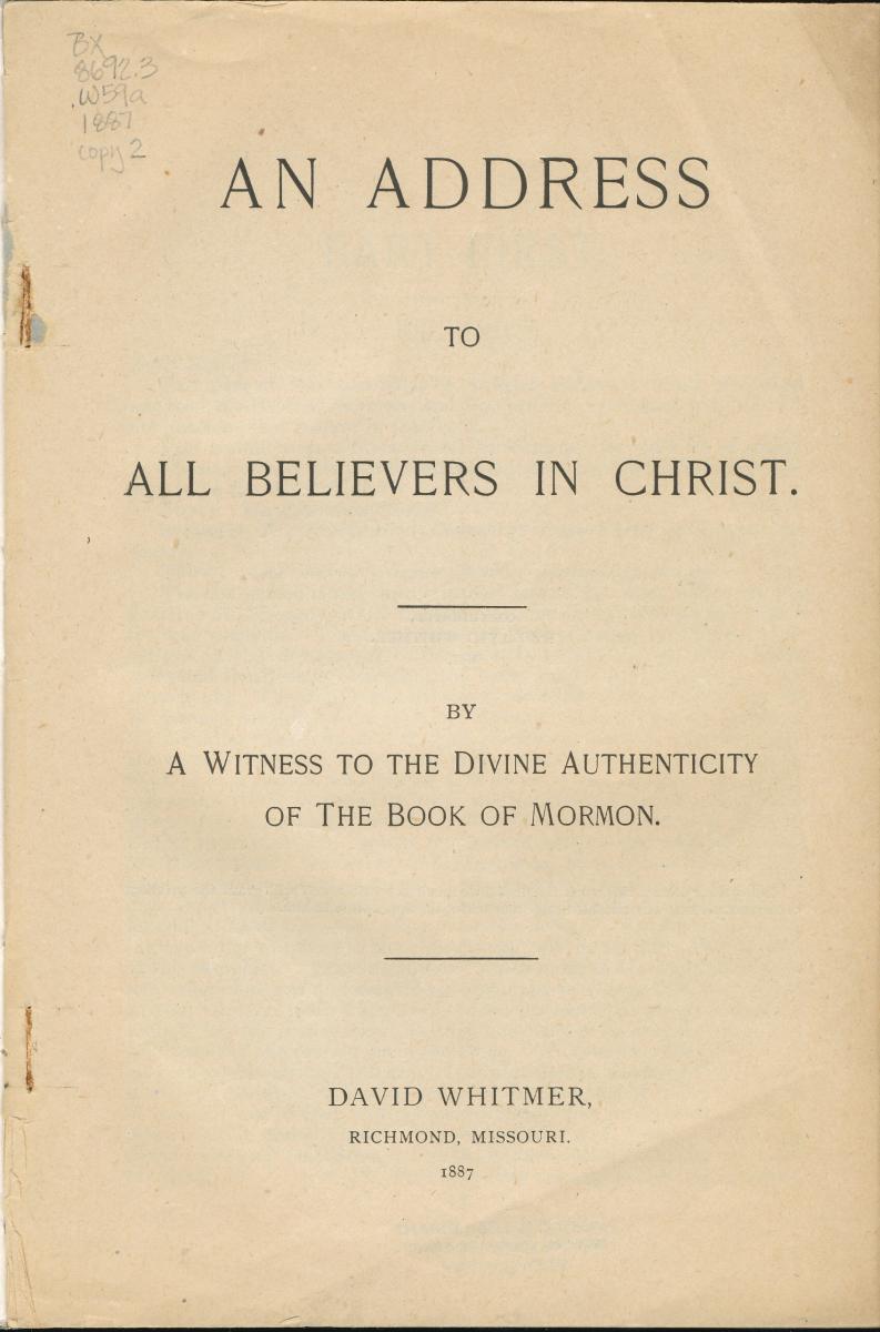 "Front cover of David Whitmer's pamphlet from when he left the church"