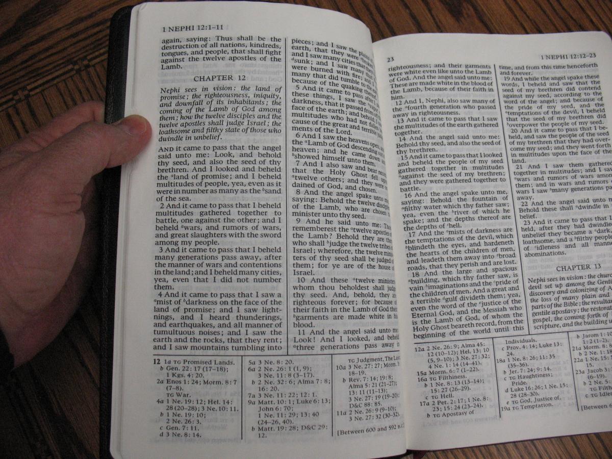 "Book of Mormon opened to 1st Nephi 12"