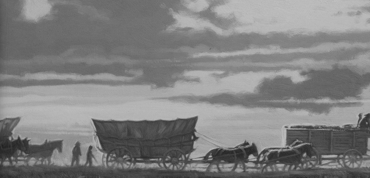 Pioneers crossing the plains in wagons