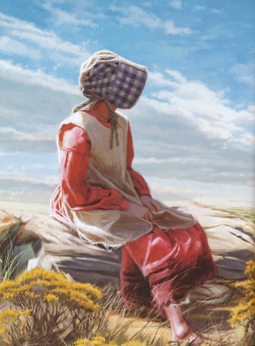 Pioneer woman sitting on rock
