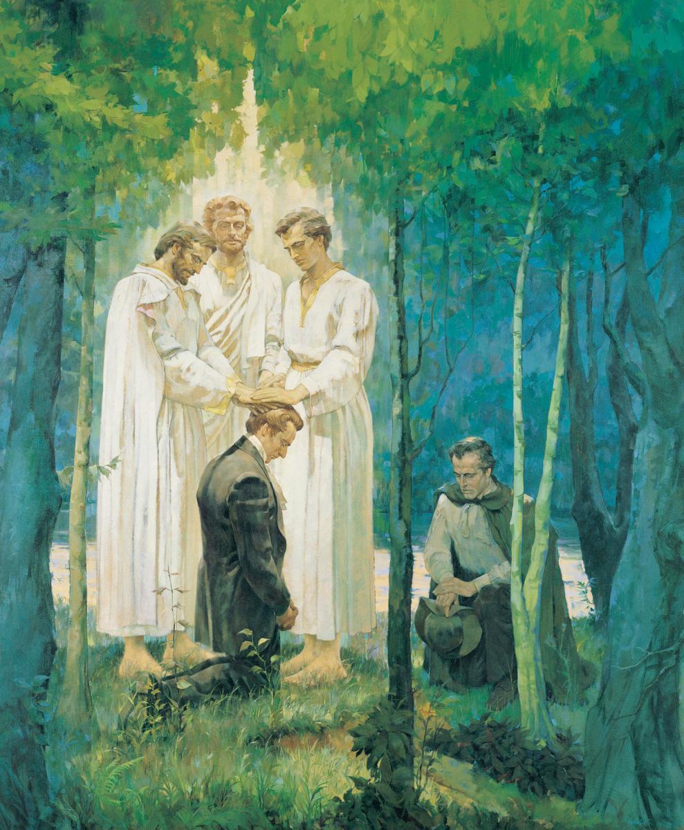 The Apostles Peter, James, and John giving the melchizedek priesthood to Joseph Smith and Oliver Cowdery