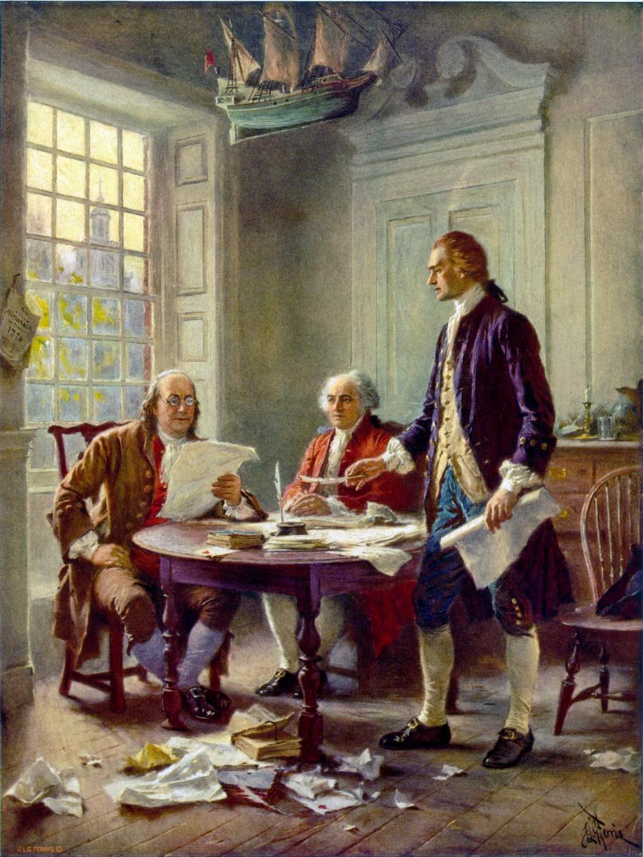 Thomas Jefferson, John Adams, and Benjamin Franklin working at a table