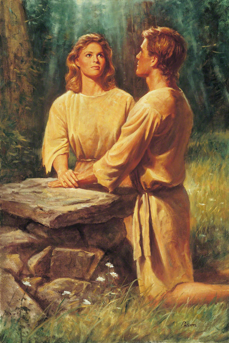 Depiction of Adam and Eve kneeling at an altar