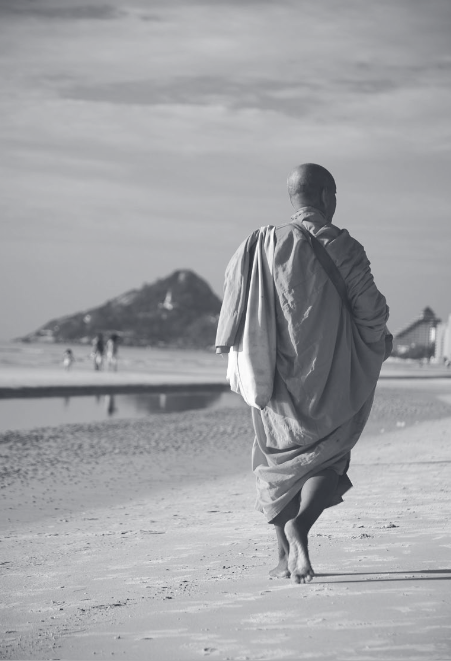 a Monk walking on the beach