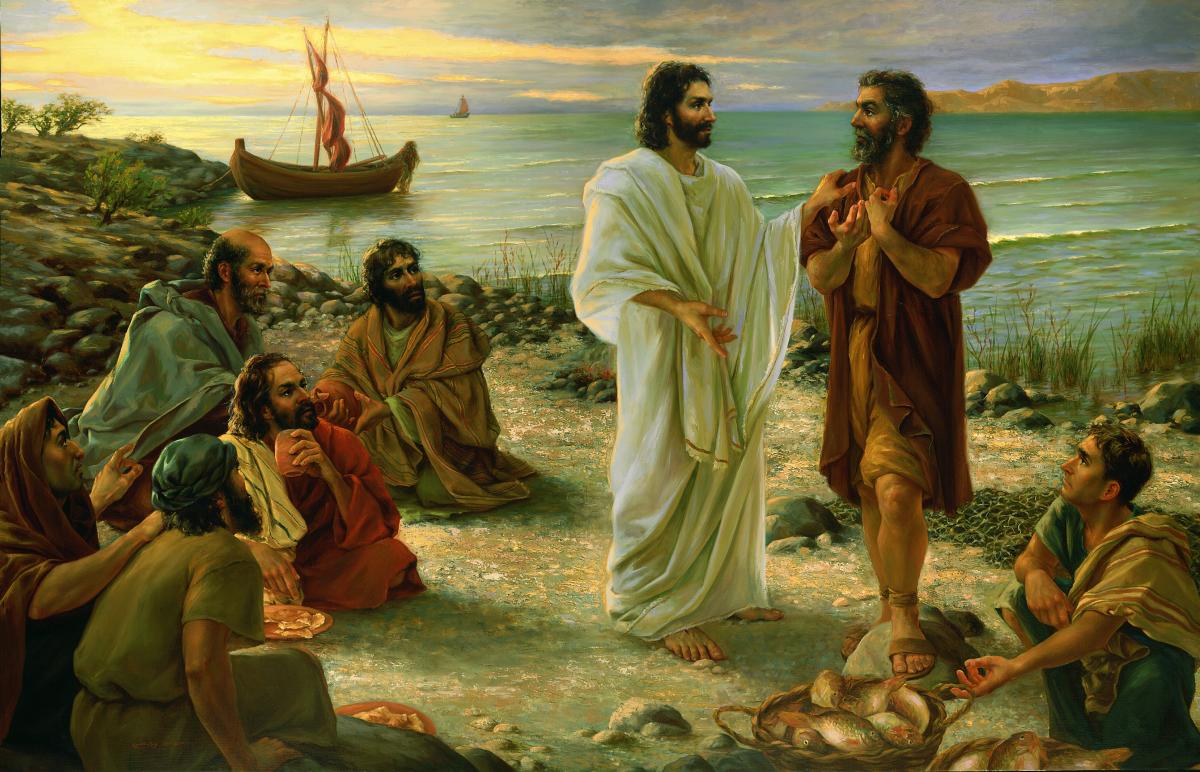 Jesus, Peter, and the apostles on the shore