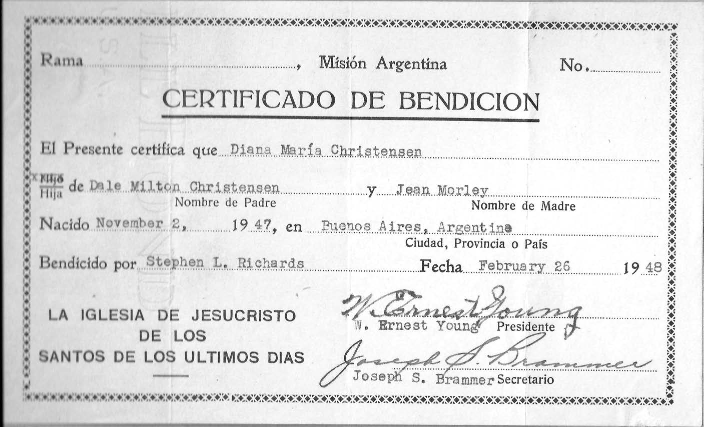 Blessing certificate of Diana Christensen. Courtesy of Diana Christensen.