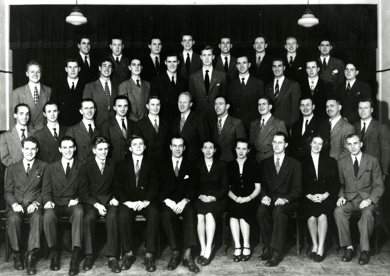 Missionaries in Brazil, with the mission presidency and their wives seated in the front row. Courtesy of CHL.