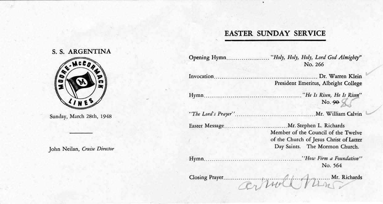 Elder Richards preached the sermon at the Easter Sunday service on the SS Argentina. Courtesy of CHL.