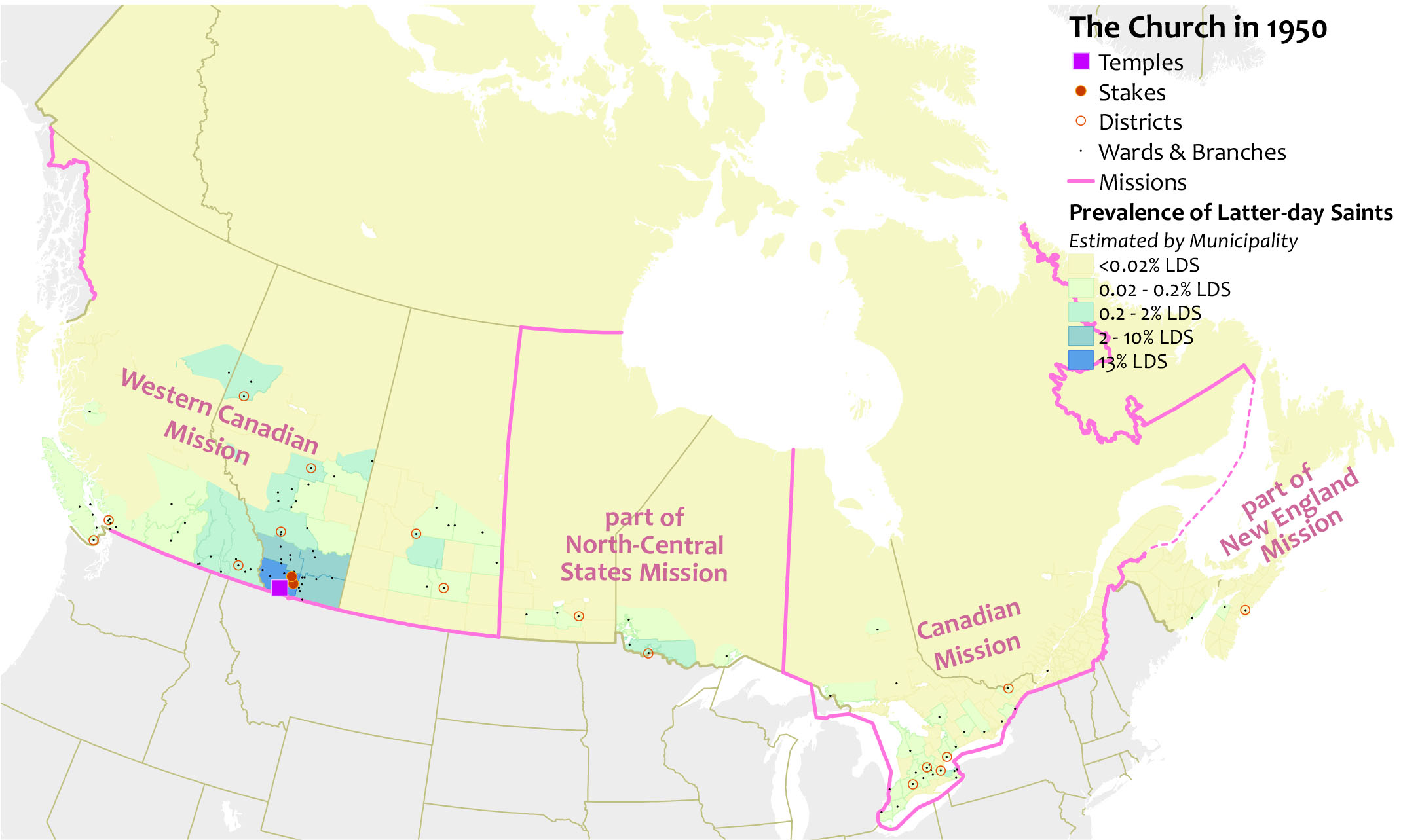 map of the church in Canada in 1950