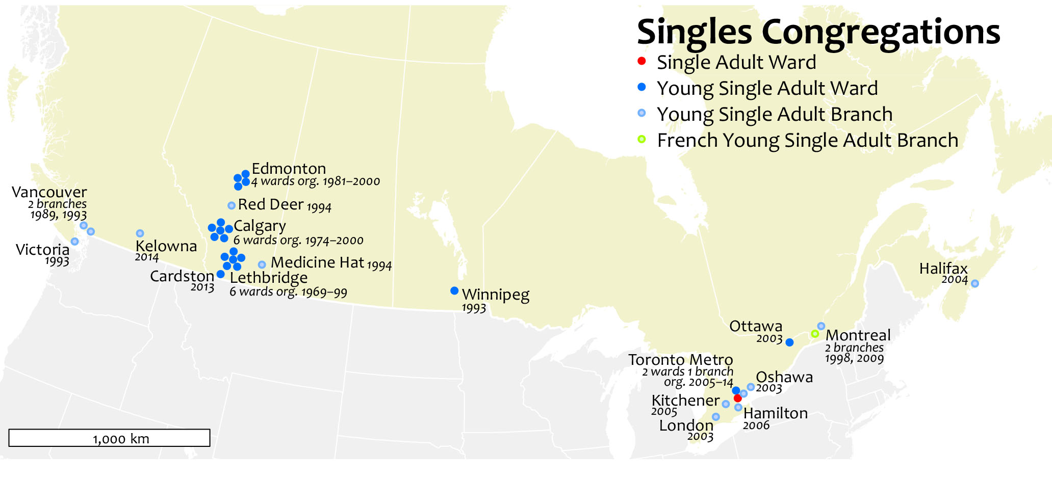 map of Canadian Singles congregations