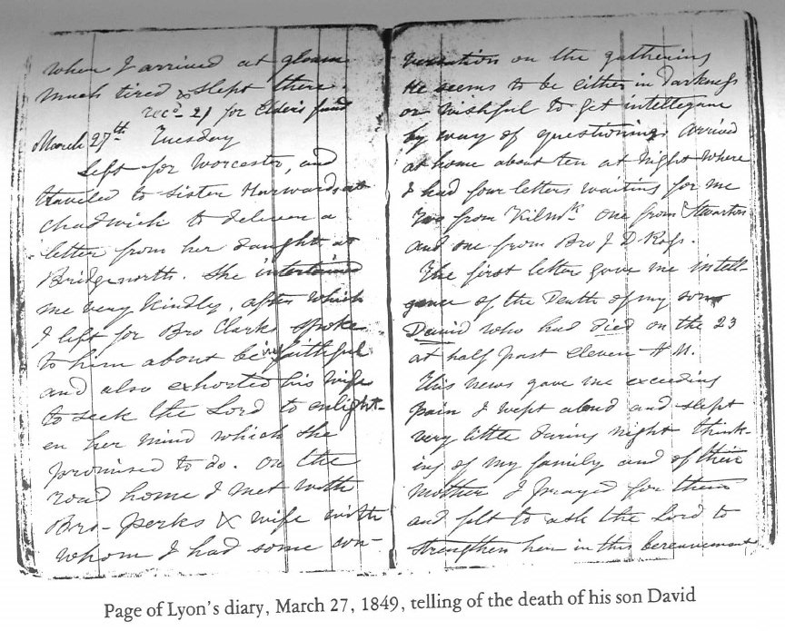 page of lyon's diary telling of the death of his son
