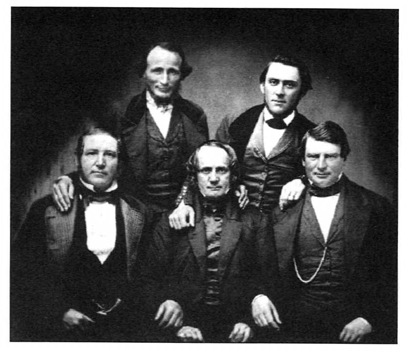 Early civic leaders (left to right): Jacob P. Leese, Talbot Green, Thomas O. Larkin, Samuel Brannan, and W.D.M. Howard