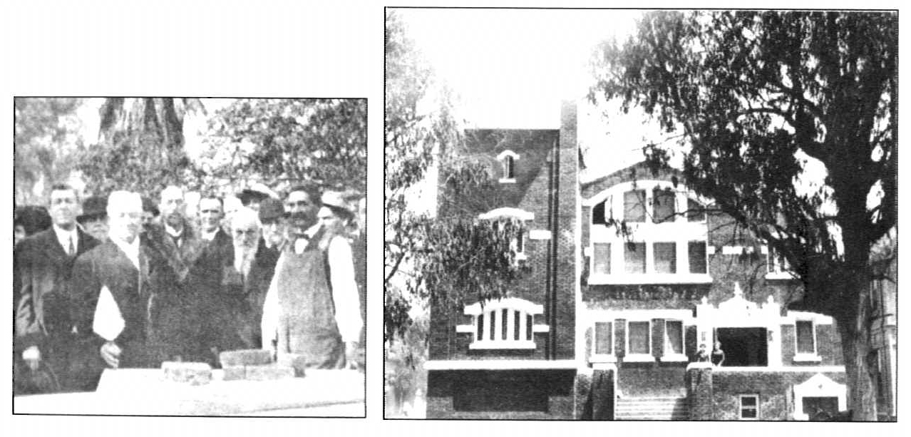 Anthon H. Lund (with trowel), Joseph E. Robinson (to his right), George Albert Smith (to President Lund's left), and others at 1913 cornerstone laying for Adams chapel (right)