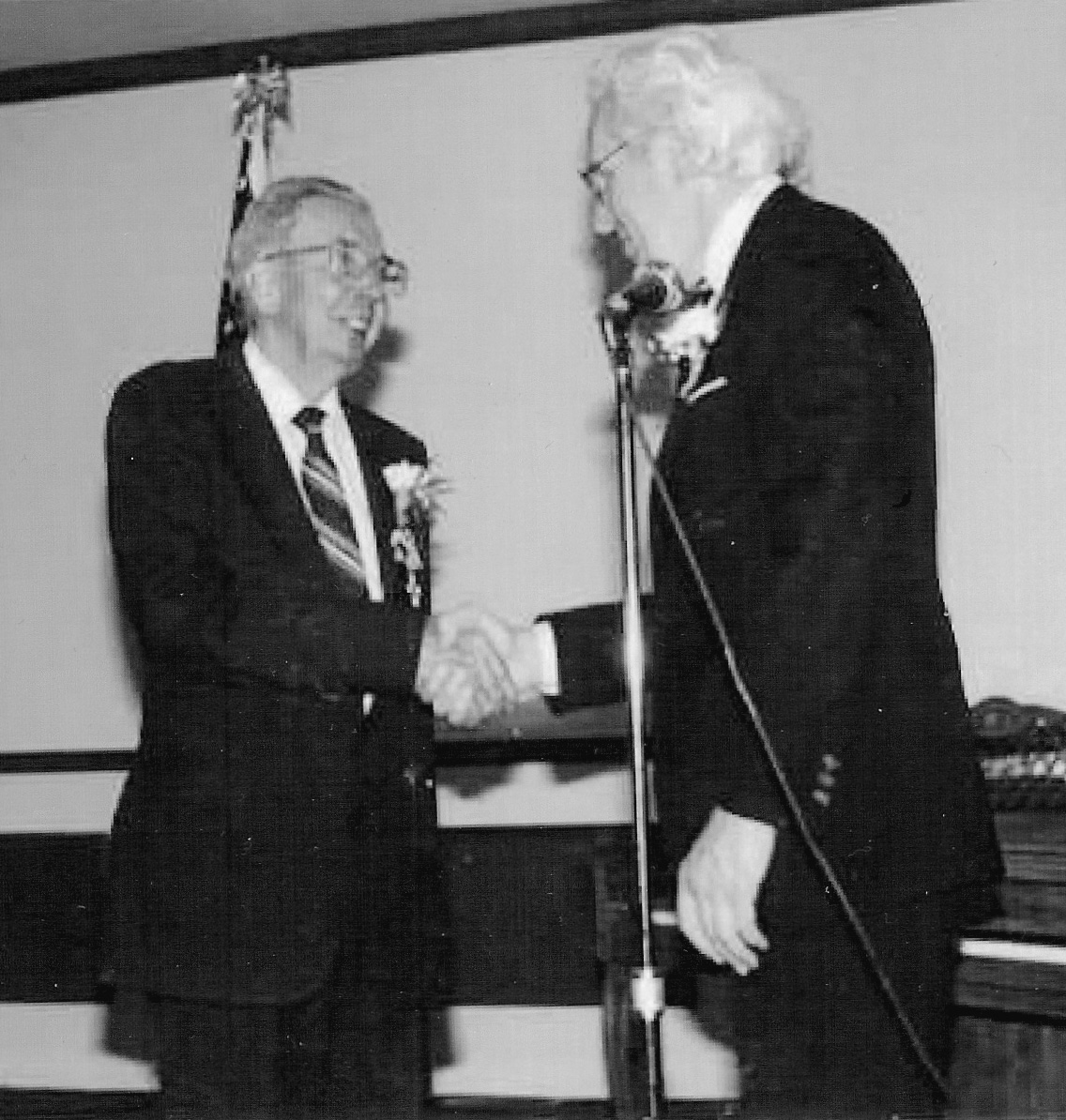Byron T. Geslison receiving the Order of the Falcon from Tómas Tómasson, the ambassador of Iceland, 1993. Courtesy of David A. Ashby