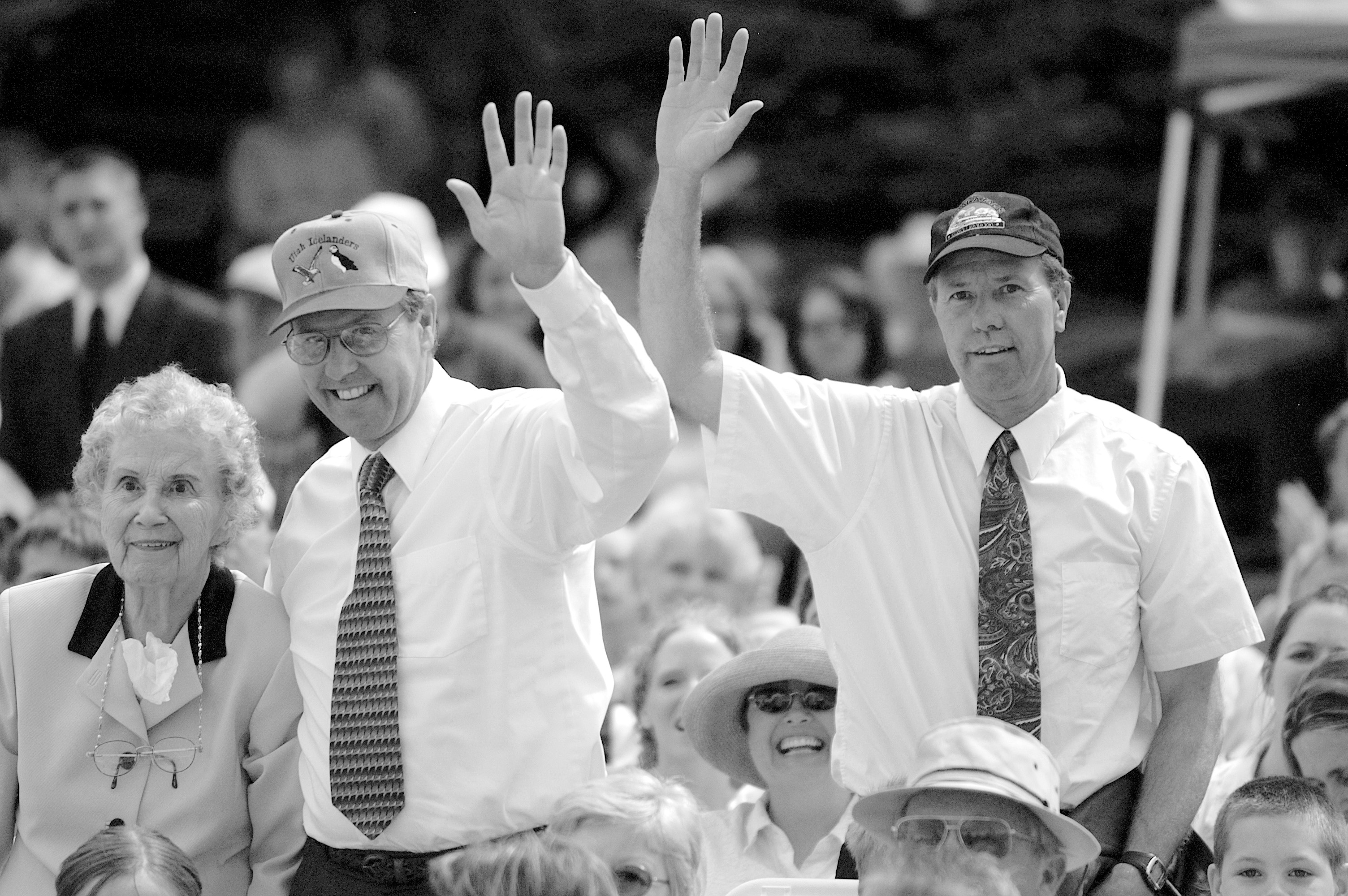 Melva, Daniel, and David Geslison (left to right) standing at the sesquicentennial commemoration when President Hinckley asked if the Geslison family were in the crowd, 2005. Courtesy of Ethan Vincent