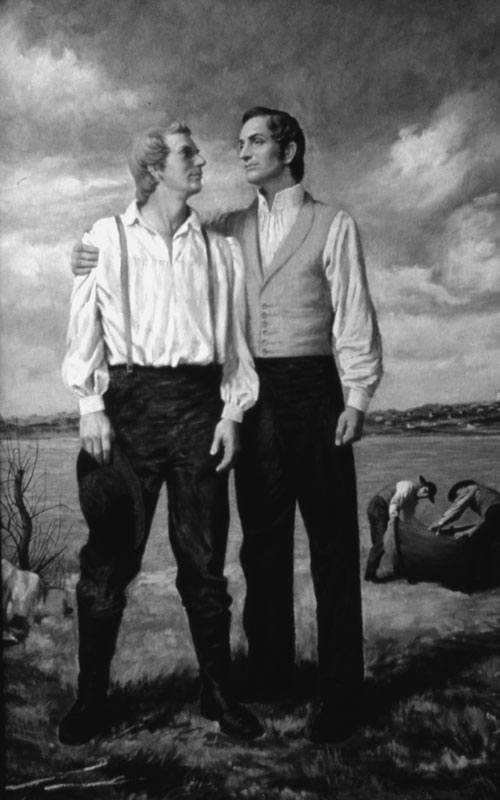 Joseph and Hyrum were remarkably effective at creating bonds of devotion as they led the early Saints toward a Zion society. (Joseph and Hyrum Smith Standing by River, by Theodore Gorka, © 1996 Intellectual Reserve, Inc.)