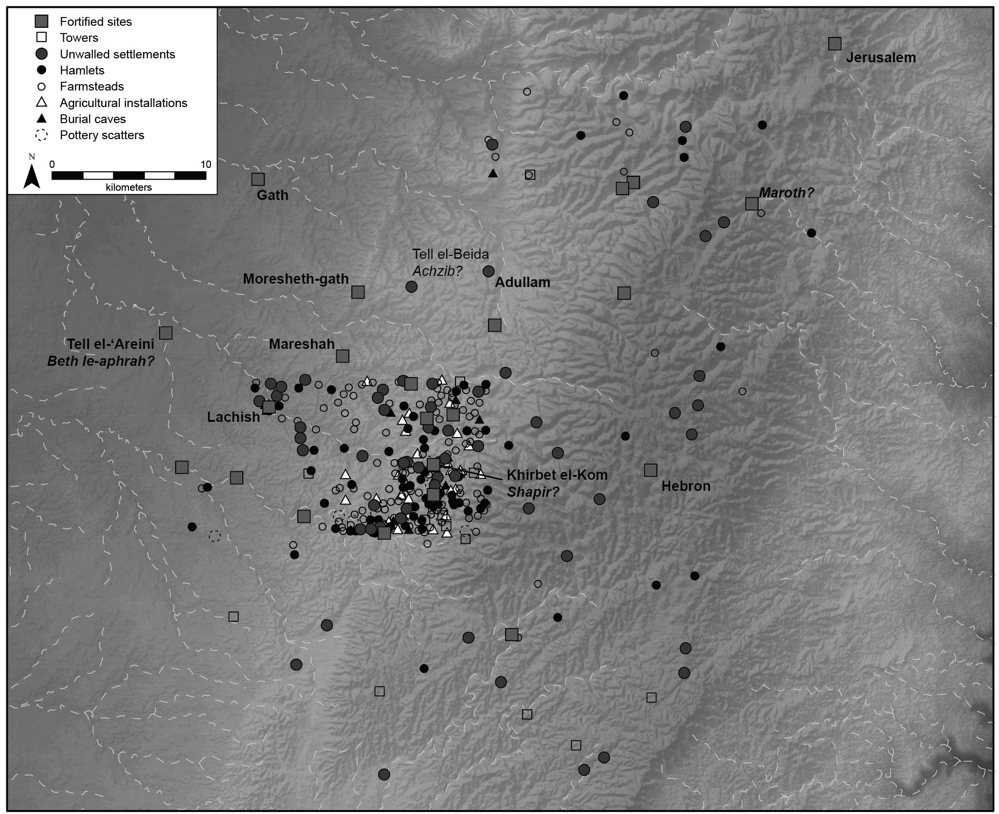 Map of settlement distribution in Judah during Eighth Century BC