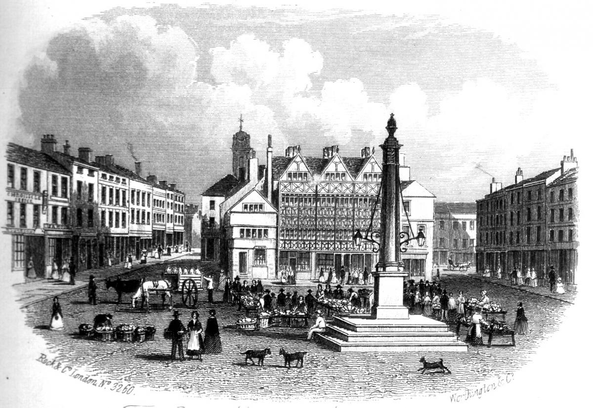 sketch of old market square and obelisk in Preston with people, dogs, horses and carts